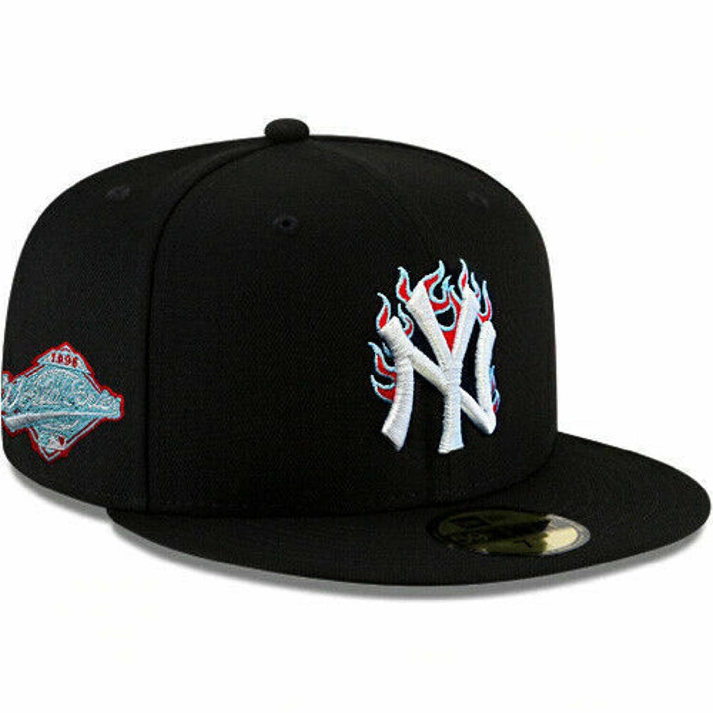 New Era New York Yankees Black Fitted Hat MLB Fire Flames Team Logo Poly Blue UV