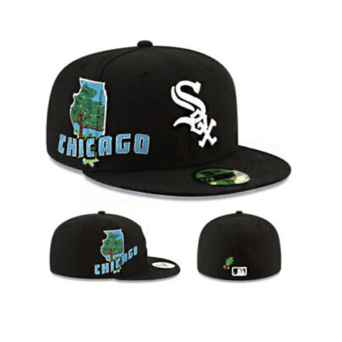 Era Chicago White Sox MLB Fitted Hat 5950 STATE VIEW BLACK PATCHES CLUSTER