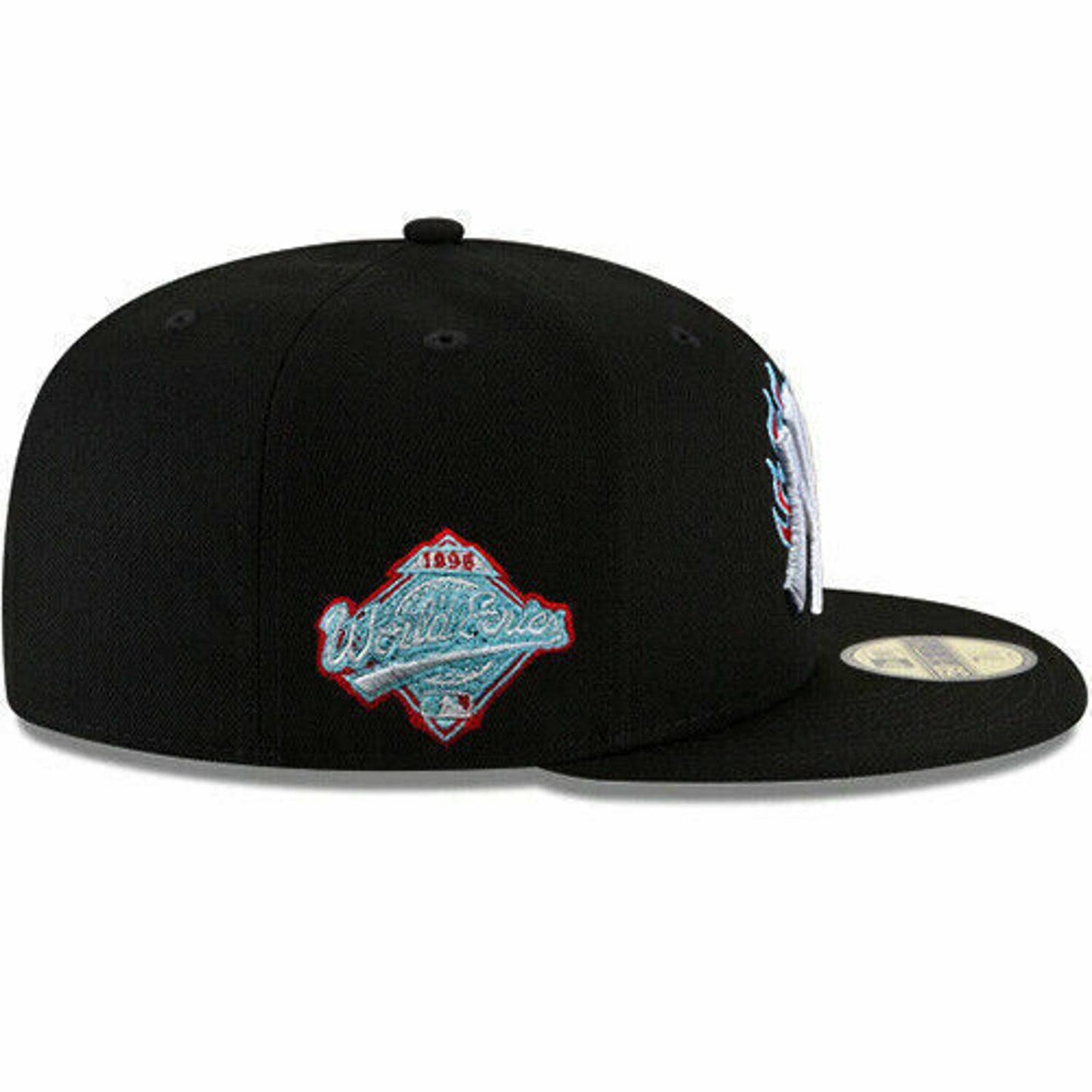 New Era New York Yankees Black Fitted Hat MLB Fire Flames Team Logo Poly Blue UV