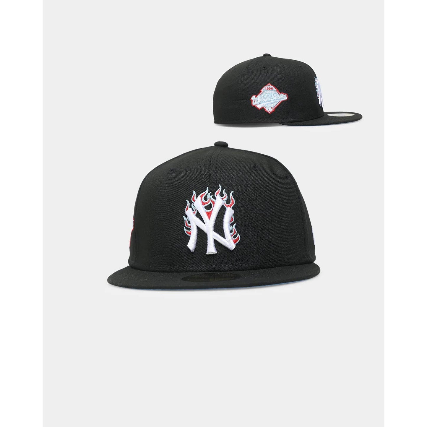 New Era New York Yankees Black Fitted Hat MLB Fire Flames Team Logo Poly Blue UV