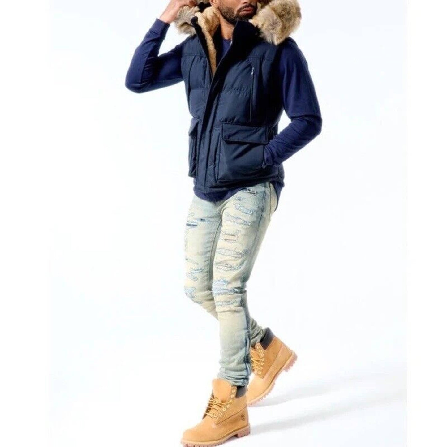 Jordan Craig Men's YUKON FUR LINED NAVY BLUE PARKA VEST PUFFER BUBBLE RETRO