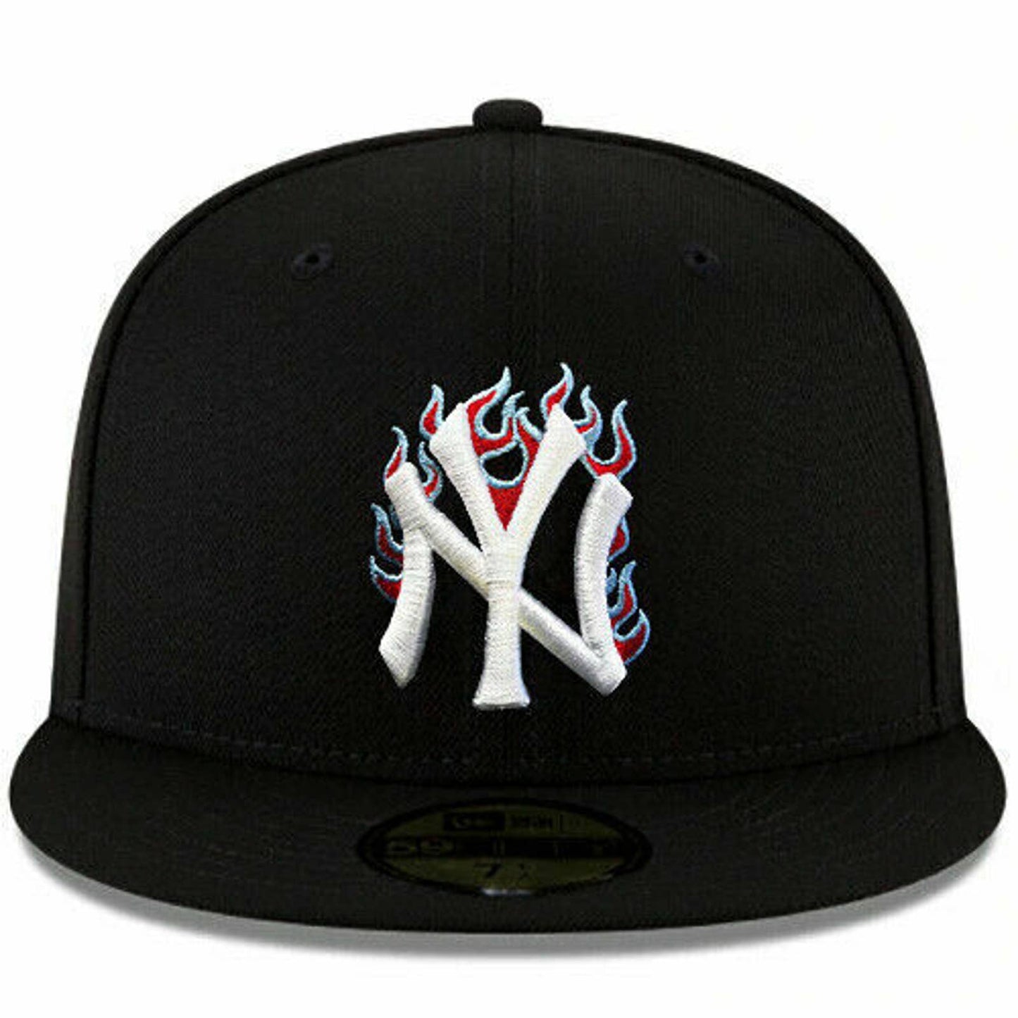 New Era New York Yankees Black Fitted Hat MLB Fire Flames Team Logo Poly Blue UV