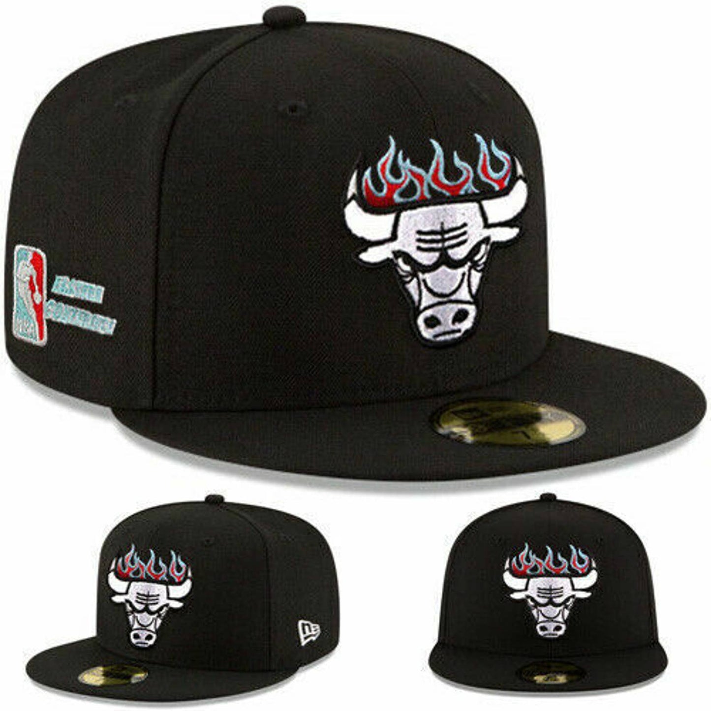 New Era Chicago Bulls Fitted Hat NBA Customized Fire Team Flame Logo Blue