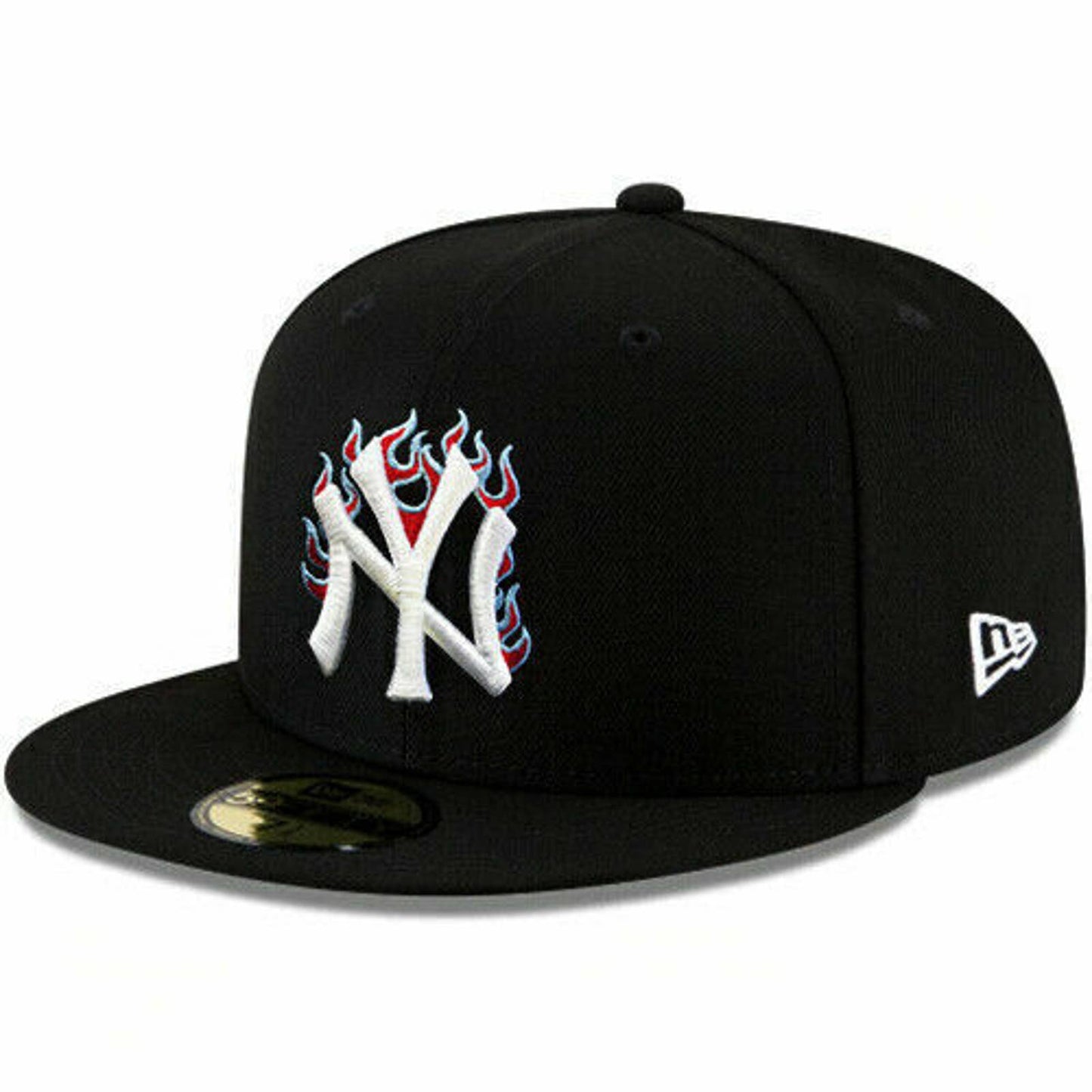 New Era New York Yankees Black Fitted Hat MLB Fire Flames Team Logo Poly Blue UV