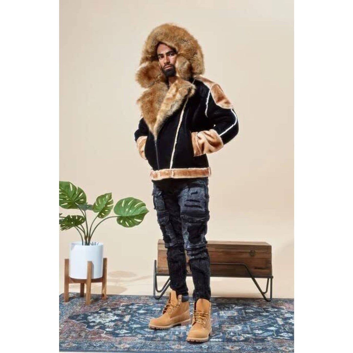 JORDAN CRAIG EL JEFE SHEARLING MOTO JACKET COAT MENS FUR BLACK COFFEE TAN