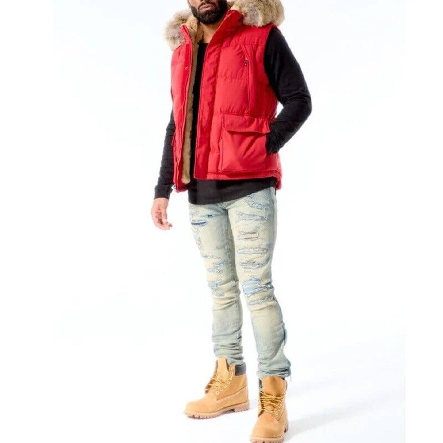 Jordan Craig Men's YUKON FUR LINED RED PARKA VEST PUFFER BUBBLE