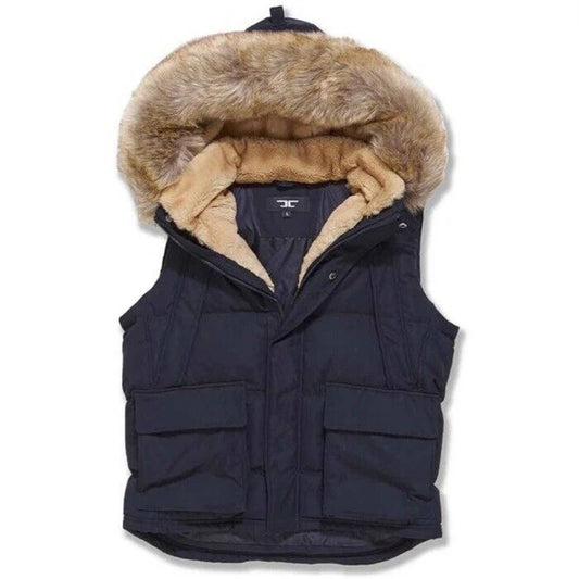 Jordan Craig Men's YUKON FUR LINED NAVY BLUE PARKA VEST PUFFER BUBBLE RETRO